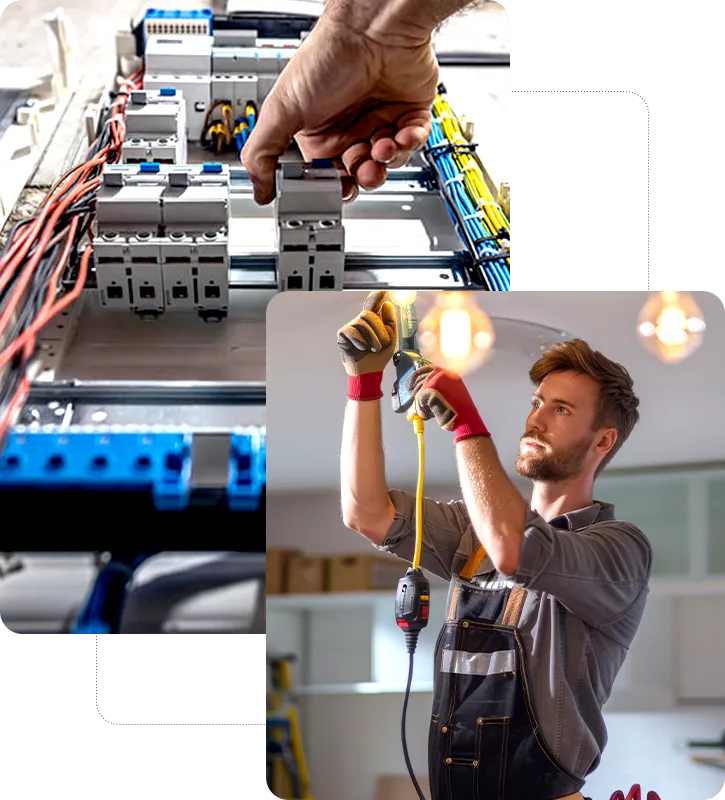 Dedicated licensed Massachusetts electrician, fully equipped with an orange hard hat and safety gear, meticulously working on a modern residential breaker panel for a safety upgrade.